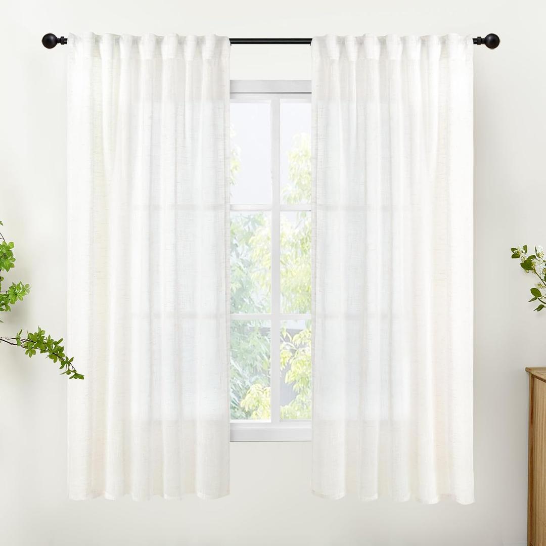 YoungsTex Ivory White Linen Curtains 63 Inch Length for Living Room, Semi Sheer Window Drapes Light Filtering Textured with Rod Pocket Back Tab for Bedroom, 2 Panels, 42 X 63 Inch