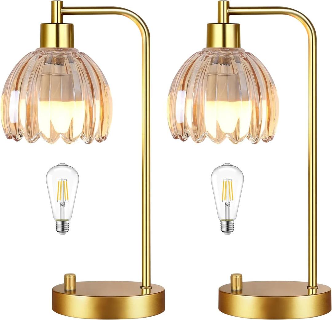 Glass Table Lamp Set of 2,Small Gold Bedside Lamps Dimmable Boho Bedroom Lamp with Tulip Flower Amber Lamp Shade,Vintage Mid Century Modern Mini Nightstand Lamp for Bedroom Living Room