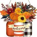 Spiareal Fall Thanksgiving Door Decoration Wooden Welcome Sign Sunflower Fall Hanging Decor Autumn Pumpkin Sign for Front Door Rustic Wreath Porch Wall Art Outdoor Farmhouse Home Porch Greeting Party