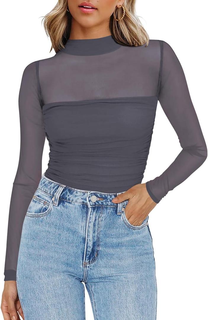 Zeagoo Women's Sexy Mock Turtle Neck Long Sleeve Tops Sheer Mesh Ruched Trendy Going Out Shirts Blouse (XX-Large, Grey)