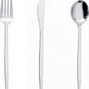 PULOTE 150PCS Silver Plastic Silverware Disposable - Heavy Duty Silver Plastic Cutlery Set - Plastic Utensils Set Include 50 Knives,50 Forks and 50 Spoons for Wedding,Party&Christmas