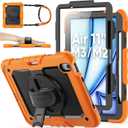 SEYMAC stock for iPad Air 11 inch Protective Case M3 2025/ M2 2024 (Air 7th/ 6th Generation), Heavy Duty Case with Screen Protector, Pencil Holder, Rotating Stand, Hand Strap, Shoulder Strap, Orange