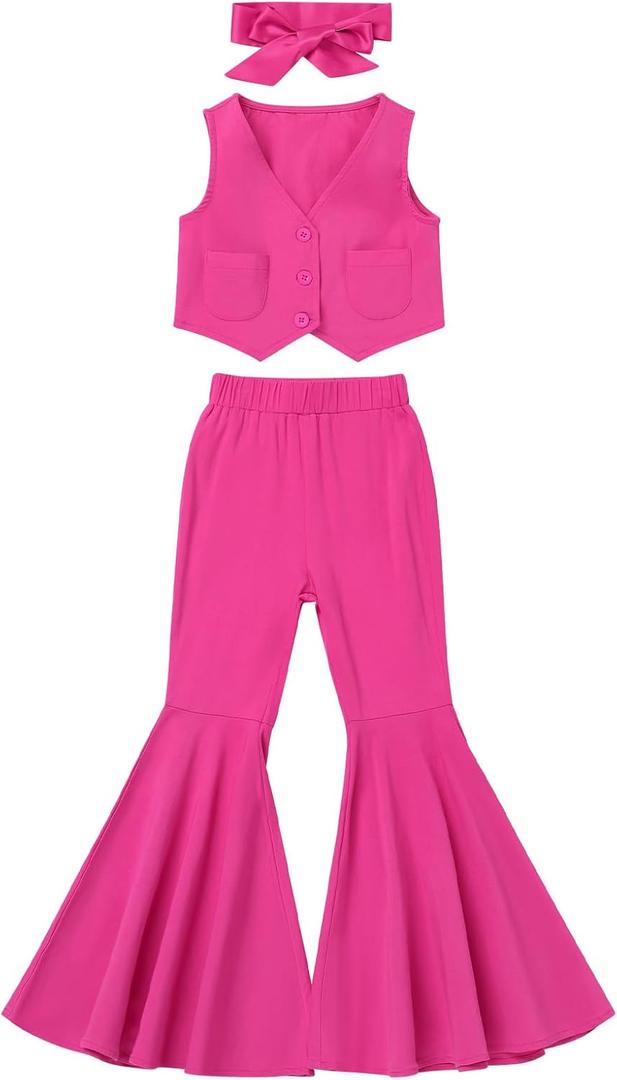 ODIZLI Kids Girls Pink Cowgirl Outfits Sleeveless Vest Top and Flare Bell Bottom Pants with Bandana Halloween Costume (7-8 Years)
