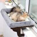 Zakkart Cat Perch for Window Sill with Bolster - Orthopedic Hammock Design with Premium Hardwood & Robust Metal Frame - Cat Window Seat for Large Cats and Kittens - Dark Stained Wood Gray Bed, 24''W