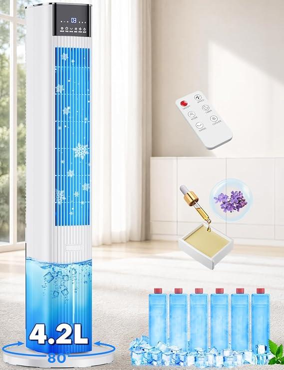 42 INCH Swamp Cooler Air Conditioner w/ 4 Modes & 3 Speeds, Aroma&Memory Function Evaporative Air Cooler, 4.2L Dual Tank, 15H Timer, 6 Ice Packs Portable Windowless Air Conditioner for Bedroom