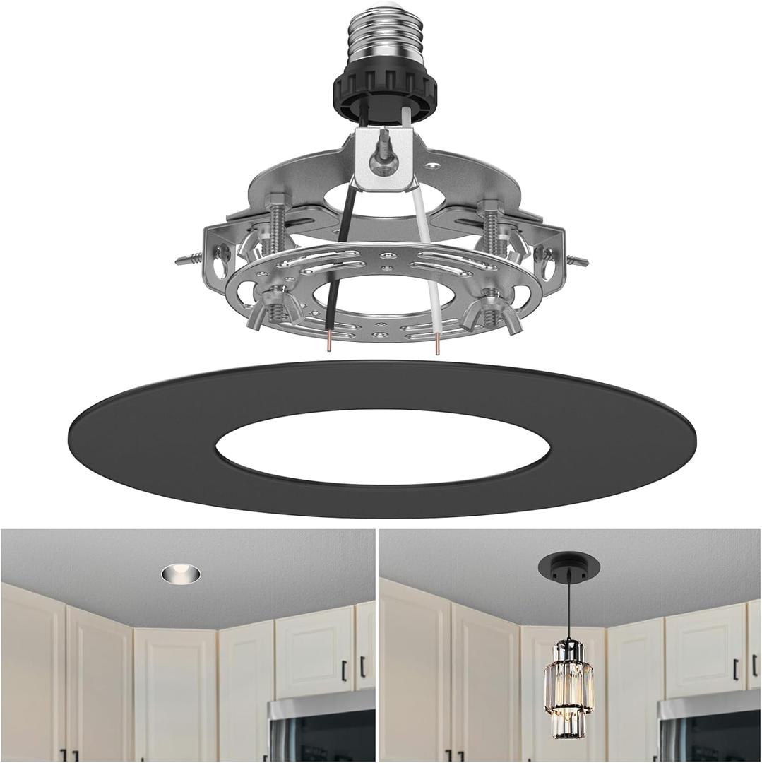 R5 and 6 Recessed Can Light Conversion Kit, Fixture Upgrade, Pendant & Hanging Light, Ceiling Fan Compatible, 7 Inch Flat Steel Ceiling Medallion, Black Finish