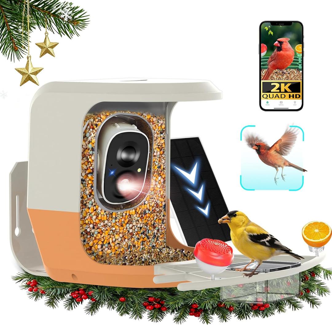 Bird Feeder with Camera, Permanent Free AI Identification of More Than 11,000 Bird Species, 2.5K HD Resolution, Solar Powered Wireless Outdoor Design, App Reminder