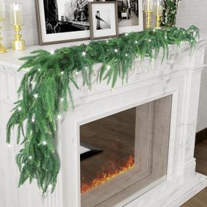 Norfolk Pine Garlands with Light String, 6Ft Artificial Soft Christmas Pine Garland, Green Real Touch Greenery Garland for Table, Mantle, Staires, Wall, Premium Indoor/Outdoor Christmas Decorations
