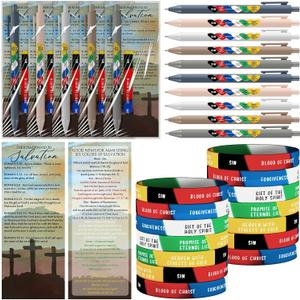Sayglossy 25 Sets/100 Pcs Father's Day Christian Gifts for Men Bulk Religious Gift Set with Bible Verse Pens Salvation Silicone Bracelets Roman Road Cards for Dad Pastor Church Ministry (Classic)