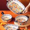 Colorful Cherry Blossom Flowers Vintage Style Ceramic Bakeware Dish Casserole Dish Baking Pan Lasagna Pans with Handles for Oven/Cooking/Kitchen, 1 PCS, 32 oz