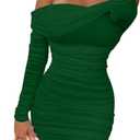 GOKATOSAU Women's Sexy Elegant Ruffle Long Sleeve Off Shoulder Ruched Party Mini Dress (Green, M)