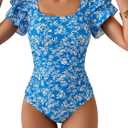 Eomenie Women's Tummy Control One Piece Swimsuit Ruffle Square Neck Bathing Suit Ruched Cutout Back Slimming Swimwear, XL