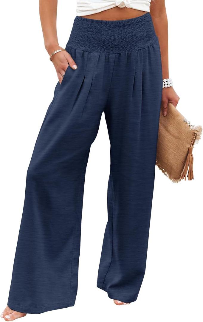 PrinStory Women's Summer High Waisted Baggy Pants Casual Ankle Length Trouser Slacks with Pockets size L