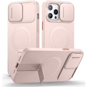 SURITCH for iPhone 13 Pro Max/12 Pro Max Case with Magnetic Camera Slide Cover and Adjustable Kickstand, Compatible with MagSafe, Shockproof Bumper Case Slim Protective Cover 6.7 Inch, Pink