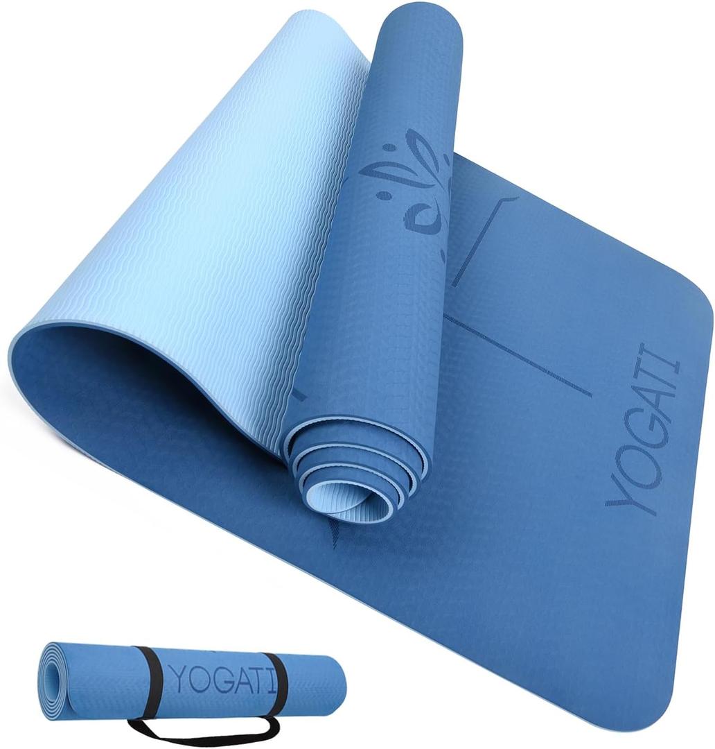 YOGATI Yoga Mat with Strap with Alignment Lines. Home Workout Mat for Women, Men and Kids. Thick Non Slip Yoga Mat for Pilates and Fitness. Brown, Pink and Purple Yoga Mats, 72"L x 24"W x 0.24"Th