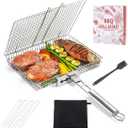 LUSSIER Grilling Basket for Outdoor Grill  Large Foldable Stainless Steel Barbeque Basket with Removable Handle, Skewers & Basting Brush Non-Stick BBQ Grill Basket for Veggies, Fish & Shrimps
