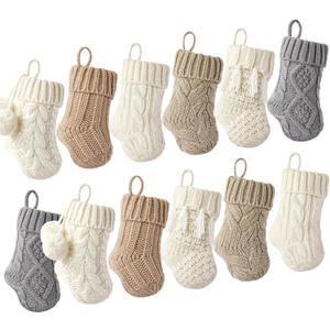 Farmhouse Knitted Mini Christmas Stockings: 12 Pack 7 Inch Cable Knit Fireplace Stockings, Rustic Cozy Hanging Xmas Stockings Decorations for Indoor Family Holiday Decor Dcor, White Grey Light Brown