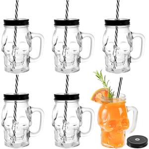 TOPZEA 6 Pack Skull Mason Jars with Handle, 16 Oz Glass Beer Mugs Gothic Wide Mouth Tumbler Cup with Straws and Lids, Novelty Pub Bar Mug Halloween Drinking Glasses for Beverage, Liquor, Mix Cocktail
