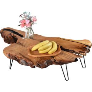 Natural Wood Coffee Table, Natural Wood Edge Contemporary Cocktail Table, Wood Tea Tables for Living Room with Metal Hairpin Legs,Wooden Flower Pot Holder Clear Lacquer Finish