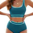 Adisputent Womens High Waisted Bikini Color Block Swimwear Bandeau Top Sports Style Scoop Crop Swimsuit 2 Piece Bathing Suits (Small, Turquoise)