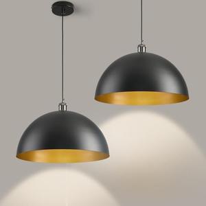 GRUSTRUST 2 Pieces17.72'' Large Black Pendant Light Kitchen Island Industrial Black and Gold Dome Pendant Light Modern Farmhouse Hanging Vintage Pendant Lighting, for Dining Room Bedroom Hallway