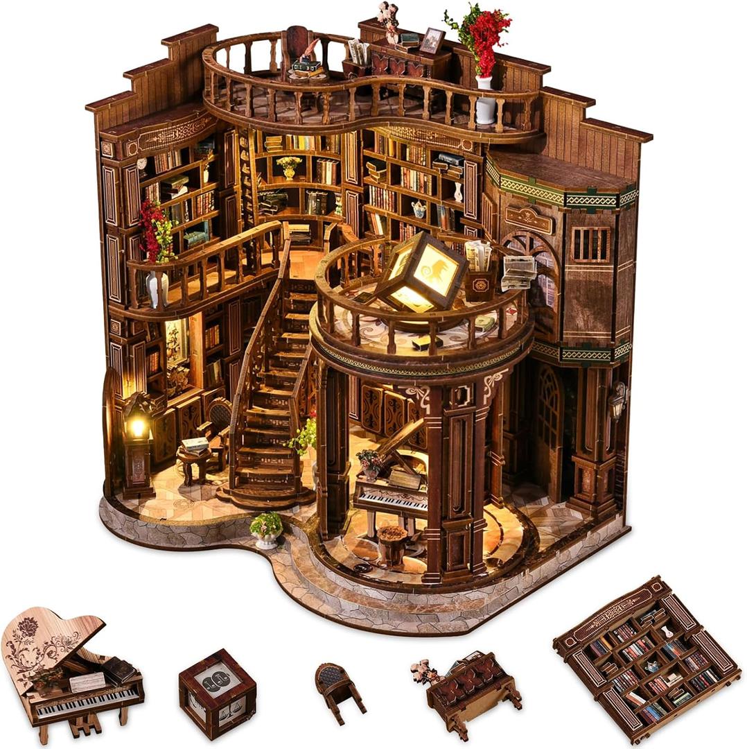 Book Nooks for Adults, DIY Miniature Dollhouse Book Nook Kit, Model Kits Craft Kits for Adults, 3D Wooden Puzzle Book Nook Craft Bookshelf Decor, Adult Craft Kits Gift with Led Light