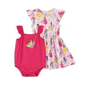 Disney Princess Baby Girls Bodysuit and Round Neck Ruffle Sleeve Dress Clothes Outfit Set for Infant Hot Pink 6-9 Months