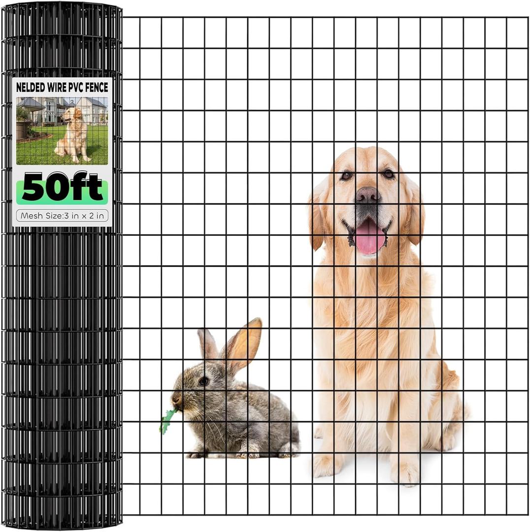 Garden Fence Black PVC Coated Welded Wire Fencing 48 Inch x 50 Foot, 2 Inch x 3 Inch 16GA, Garden Border Fencing Roll Vinyl Coating Metal Wire Mesh for Yard Vegetable Plant Protection Poultry Netting