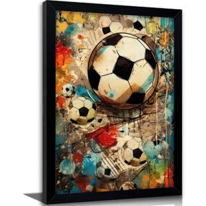 Framed Graffiti Soccer Ball Wall Art, Trendy Colorful Sports Canvas Print, Abstract Football Poster Artwork, Modern Street Art Wall Decor for Boys Bedroom Bar Living Room, 16"L x 24"W