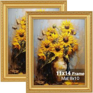 11x14 Gold Picture Frame Set of 2, Ornate Vintage 11x 14 Photo Frame for Wall Decor or Tabletop Display, 11 x 14 Gold Frames with Real Glass, Display 8x10 Pictures with Mat or 11x14 without Mat for Antique Dco