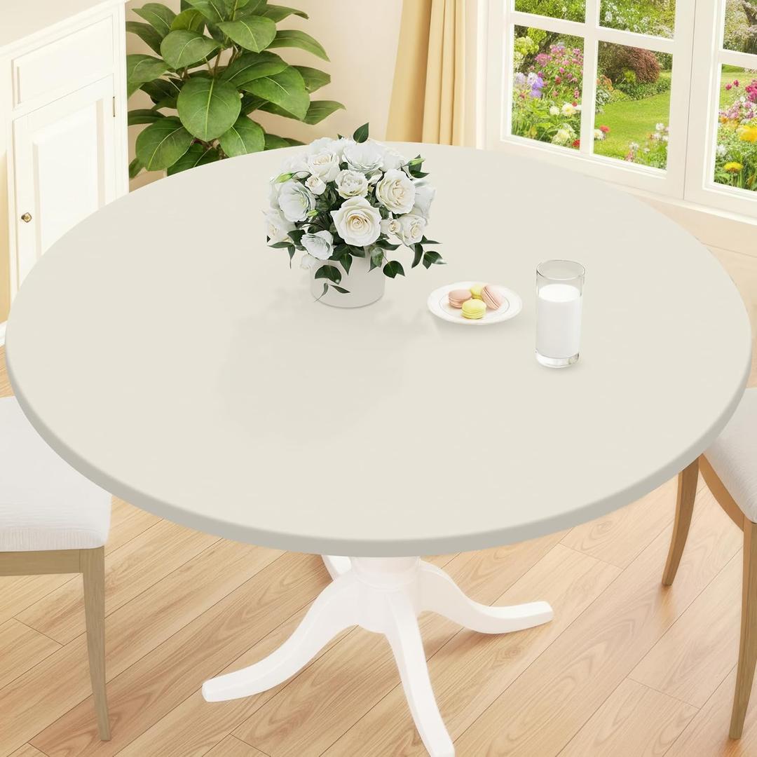 Smiry Round Picnic Tablecloth, Waterproof Elastic Fitted Table Covers for 36" - 44" Tables, Wipeable Flannel Backed Vinyl Tablecloths for Camping, Indoor, Outdoor, Ivory