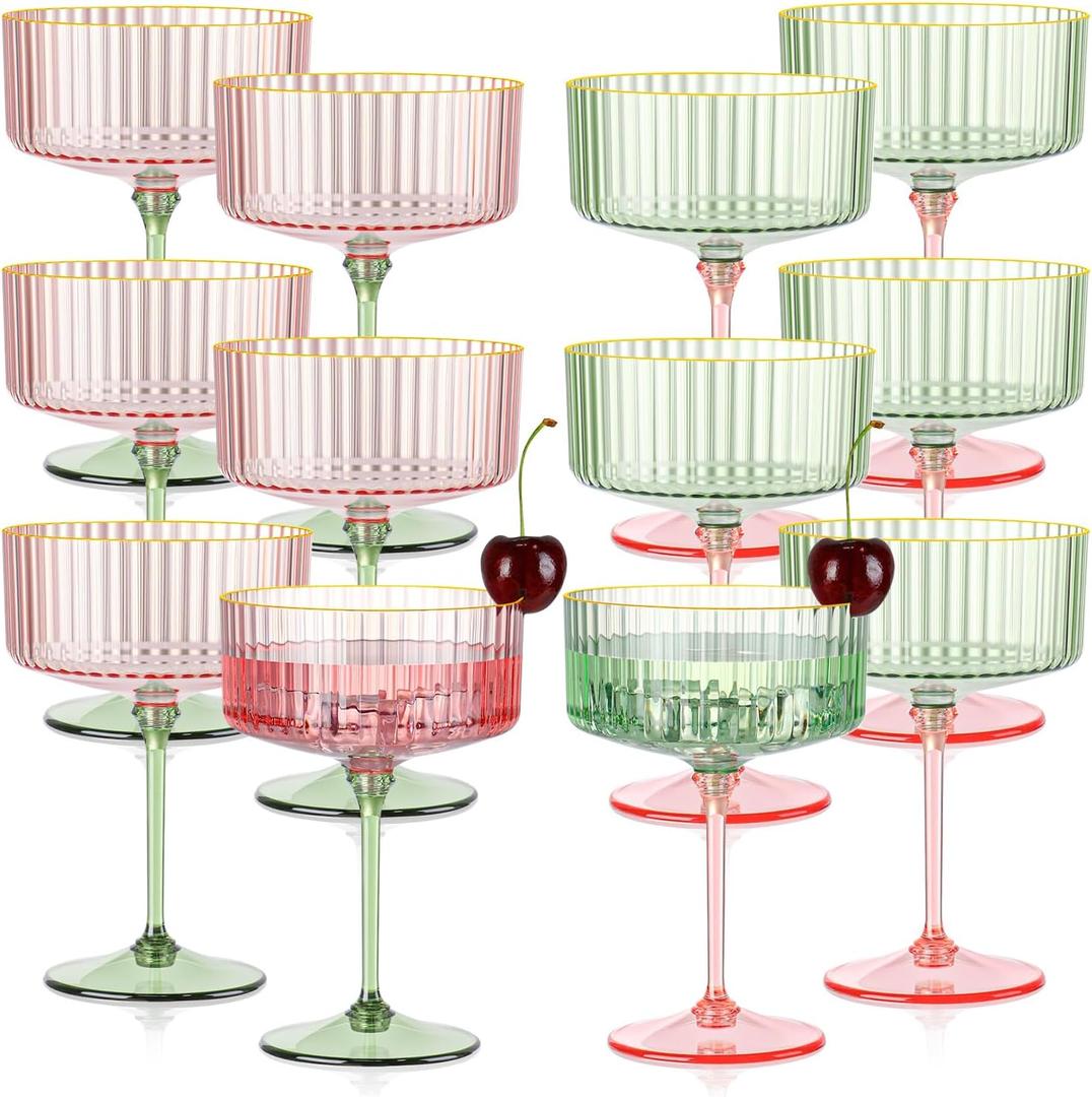 XUWAIDSGN 12 Pcs Champagne Martini Glasses 9 Oz with Gilded Removable Gold Rim Coupe Glasses Pink Martini Glasses Plastic Mimosa Vintage Coupe Glasses Set For Wedding Anniversary (12, Pink & Green)