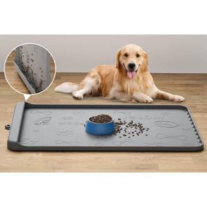 Dog Food Mat - Silicone Dog Mat for Food and Water - 36" x 24" Large Pet Feeding Mats with Residue Collection Pocket - Waterproof Dog Cat Bowl Mat with High Edges to Prevent Water Food Spills (Gray)