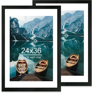 Hongkee 24x36 Poster Frame Set of 2, Rustic Brown Wood Style - Display 20x30 Picture with Mat or 24 x 36 Poster without Mat, Wall Mounting Horizontal and Vertical