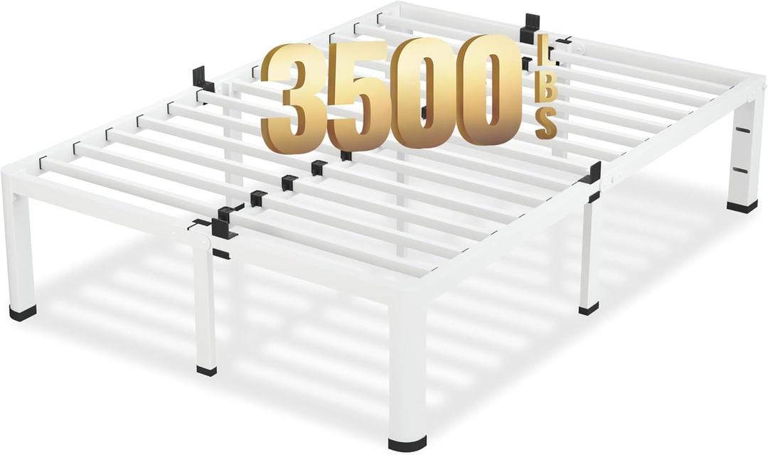 VIPSHOW 18 Inch Queen Size White Bed Frame, 3500Lbs Heavy Duty Metal Platform with Round Corner Legs Mattress Slide Stopper, Steel Slat Support No Box Spring Needed, Noise Free, Easy Assembly