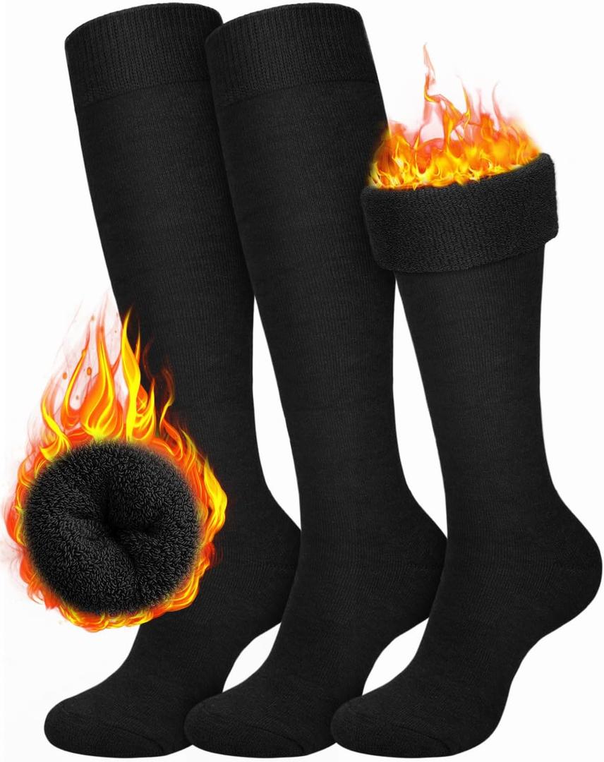 CTHH 3 Pairs Warm Knee High Socks for Women - Thick Cotton Thermal Boot Socks for Hiking, Running, Work, Gifts, Winter (One Size, Black)