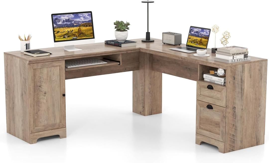 Desk L Shape, Corner Desk with Keyboard, Cabinet and 2 Drawers, Corner Table, Computer Table, Desk for Home or Office, 168 x 168 x 76 cm (Oak)
