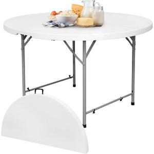48in Round Folding Table with Carrying Handle, White 4 Feet Portable Plastic Dining Card Table for Kitchen or Outdoor Party Wedding Event