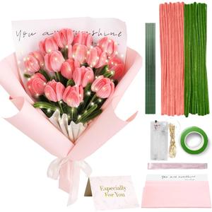 200Pcs Pipe Cleaners Craft with String Light, DIY Flower Bouquet Kit Chenille Stems Flower with Step-by-Step Video Tutorials for Mom, Women, Friend, Wedding Birthday Thank You Gifts, DIY Home Decor