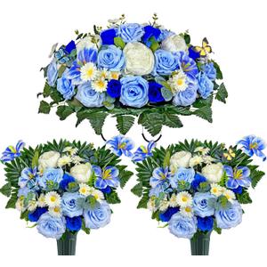 Artificial Headstone Flower Saddle, Cemetery Flowers, Memorial Flowers, Silk Tulip Rose Daisy, Blue, 3 Piece