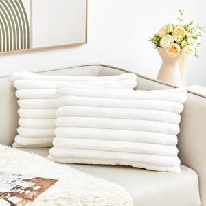 Throw Pillow Covers Decorative Faux Fur Set of 2 12x20 Inch Pillow Covers, Soft Cream White Lumbar Plush Striped Pillowcases for Couch Sofa Bed Living Room, Fluffy Cute Home Boho Accent Decor