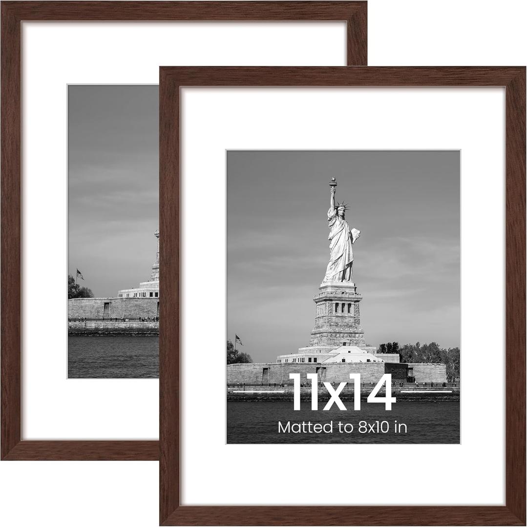 ENJOYBASICS 11x14 Picture Frame, Display Poster 8x10 with Mat or 11 x 14 Without, Wall Gallery Photo Frames, Brown, 2 Pack