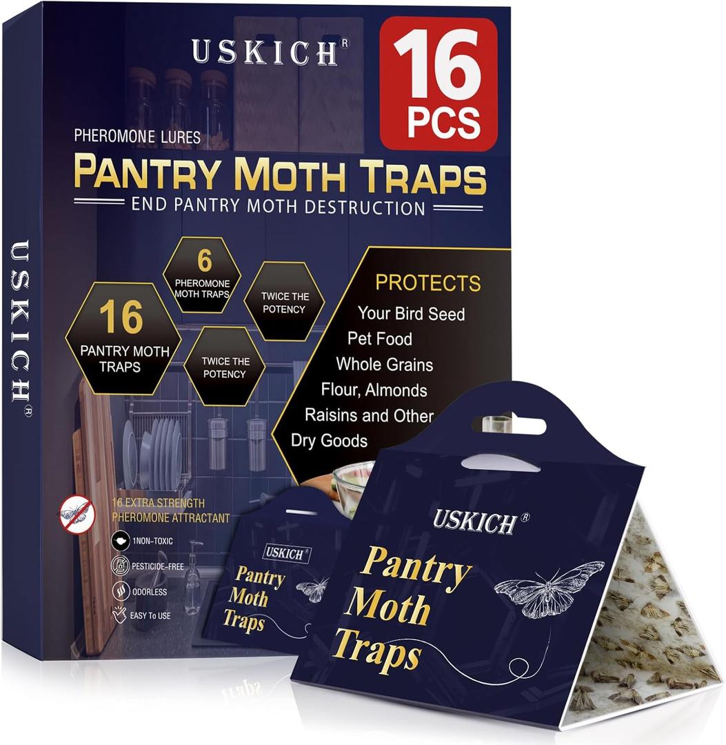 Moth Traps for Pantry Moths, 16 Pack Kitchen Moth Traps with Pheromones Prime, Non-Toxic Easy Setup Sticky Glue Trap for Food and Cupboard Moths in Your Kitchen (Organic)