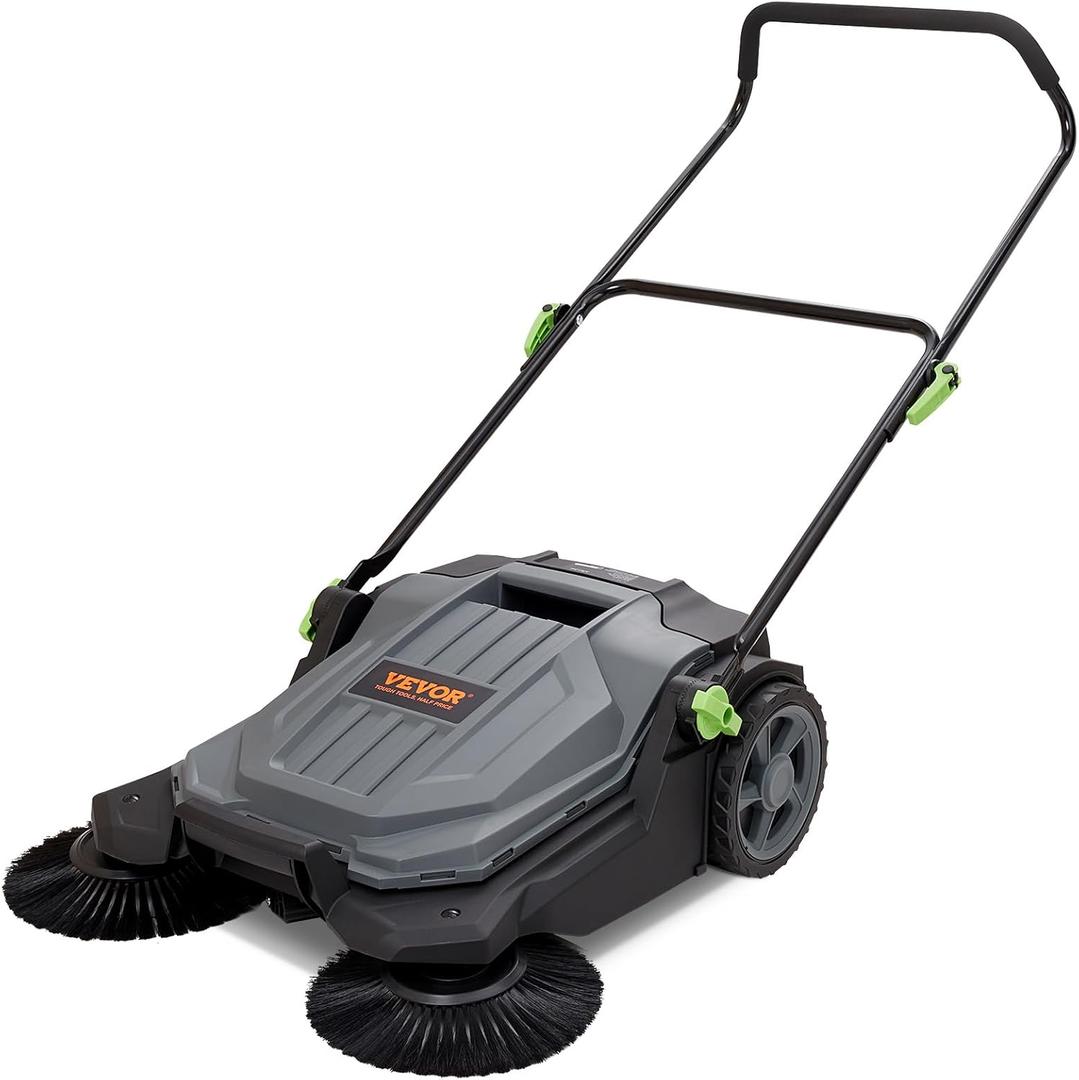VEVOR Walk-Behind Hand Push Floor Sweeper, 25.6" Sweeping Width Floor Sweeper Manual Non-Electric, 5-Gallon Waste Container, Angle & Height Adjustable Folding Handle for Walkway, Yard, Garage, Patio