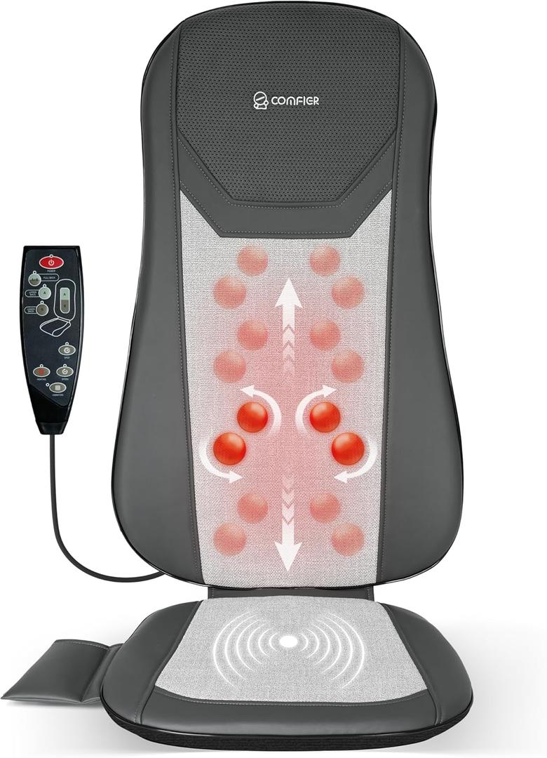COMFIER Shiatsu Full Back Massager for Chair with Heat, with 2 Shiatsu Speeds,Heated Chair Massage Pad with Spot,Seat Cushion,Neck Massager,for Home Office use,Gifts for Women Men Mom Dad (Gray-black)