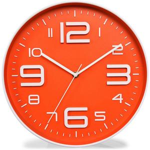Zaoniy Non-Ticking Silent Quartz Wall Clock with Big 3D Number Modern Design Quiet Sweep Movement Indoor Decorative for Living Room Kitchen Wall Clocks Battery Operated 10-Inch (Orange)