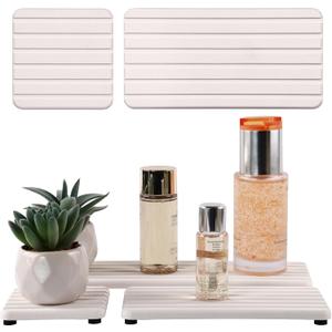 Set of 4 Bathroom Vanity Tray, Quick-Dry Diatomite Kitchen Tray with Non-Slip Pads | Water Absorbing Stone Used for Soap, Sponges, Cosmetics | Eco-Friendly Bath Sink Organizer (White)