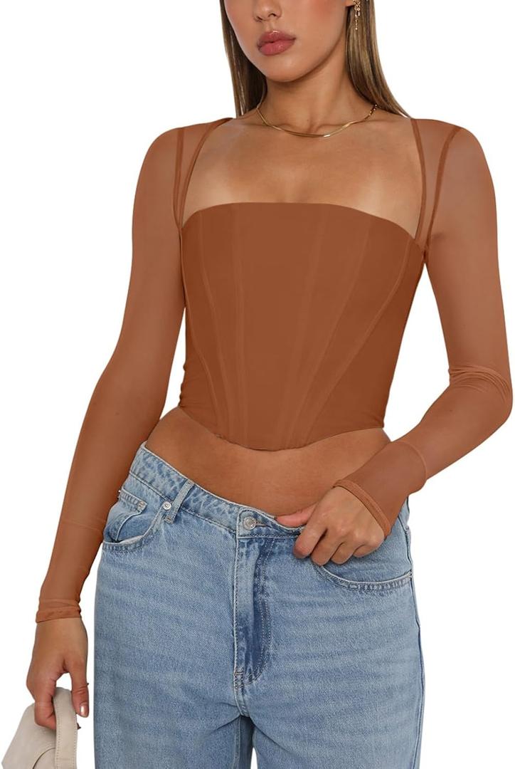 REORIA Women's Sexy Mesh Long Sleeve Boned Corset Top Trendy Y2K Square Neck Going Out Bustier Crop Tops (Brown, M)