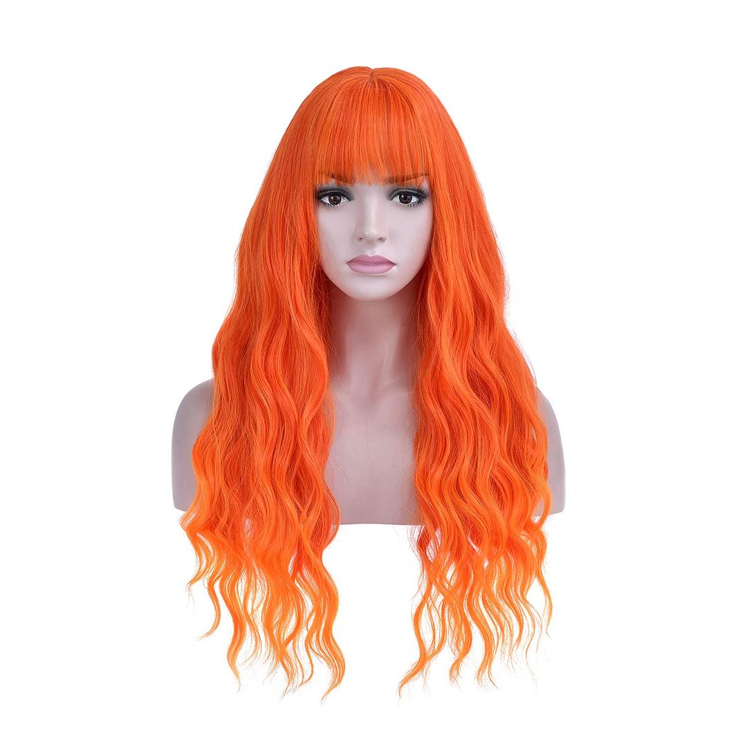 MAGQOO Orange Wigs for Women Long Curly Wavy Flame Fire Ombre Wig with Bangs Colorful Funny Synthetic Heat Resistant Cosplay Costume Party
