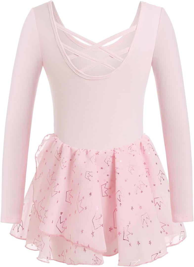Phineein Girls Ballet Leotard with Skirt - Shiny Sparkle Tutu Dress, Long Sleeve Dancewear for Kids/Toddler (4-6 Years, Princess Pink L)